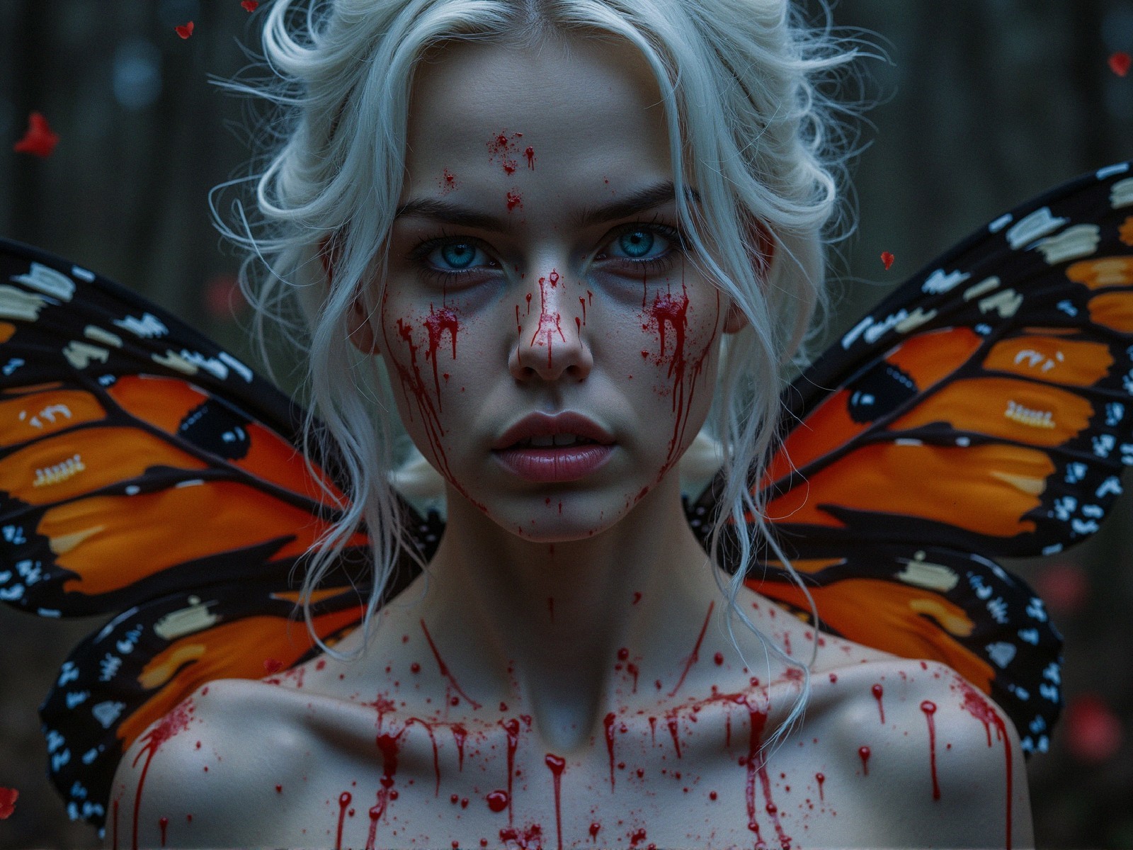 Haunting Figure with Butterfly Wings in Dark Forest