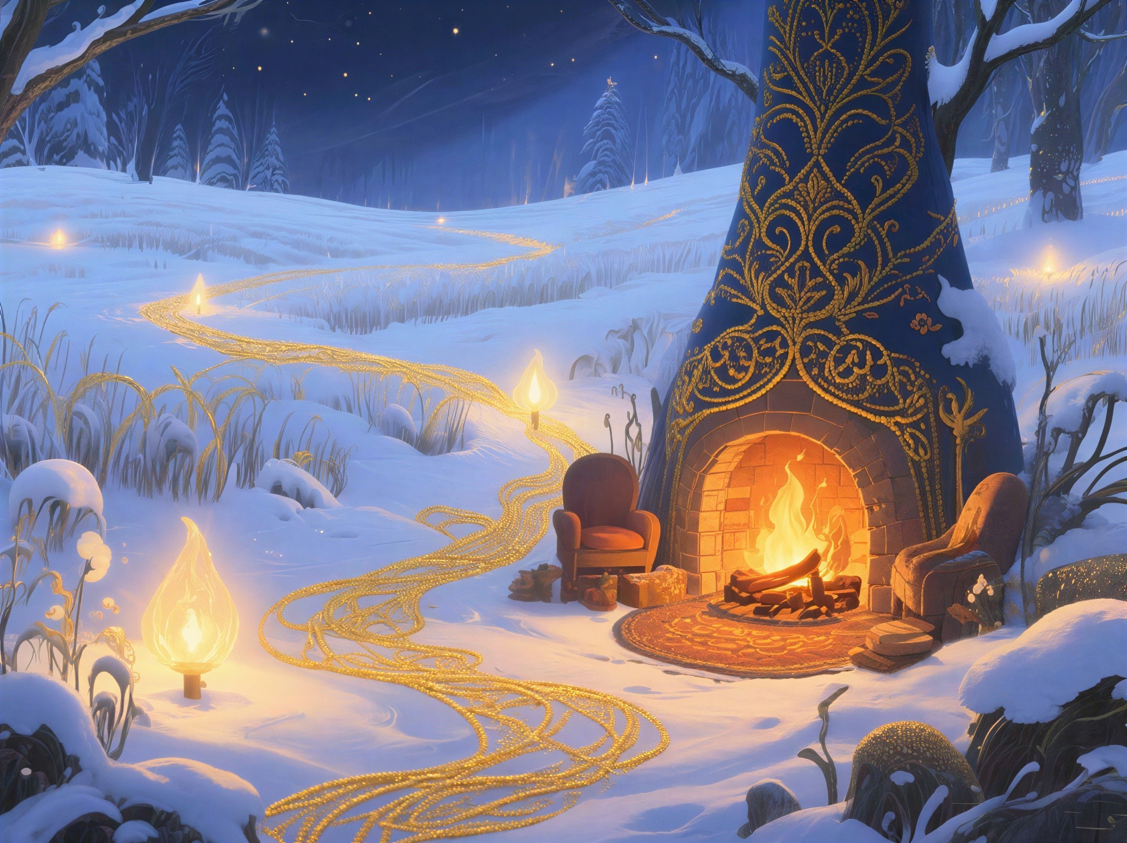 Whimsical Winter Landscape with Ornate Fireplace