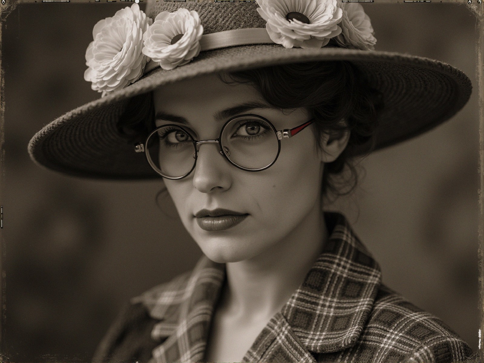 Elegant Woman in Wide-Brimmed Hat and Round Glasses