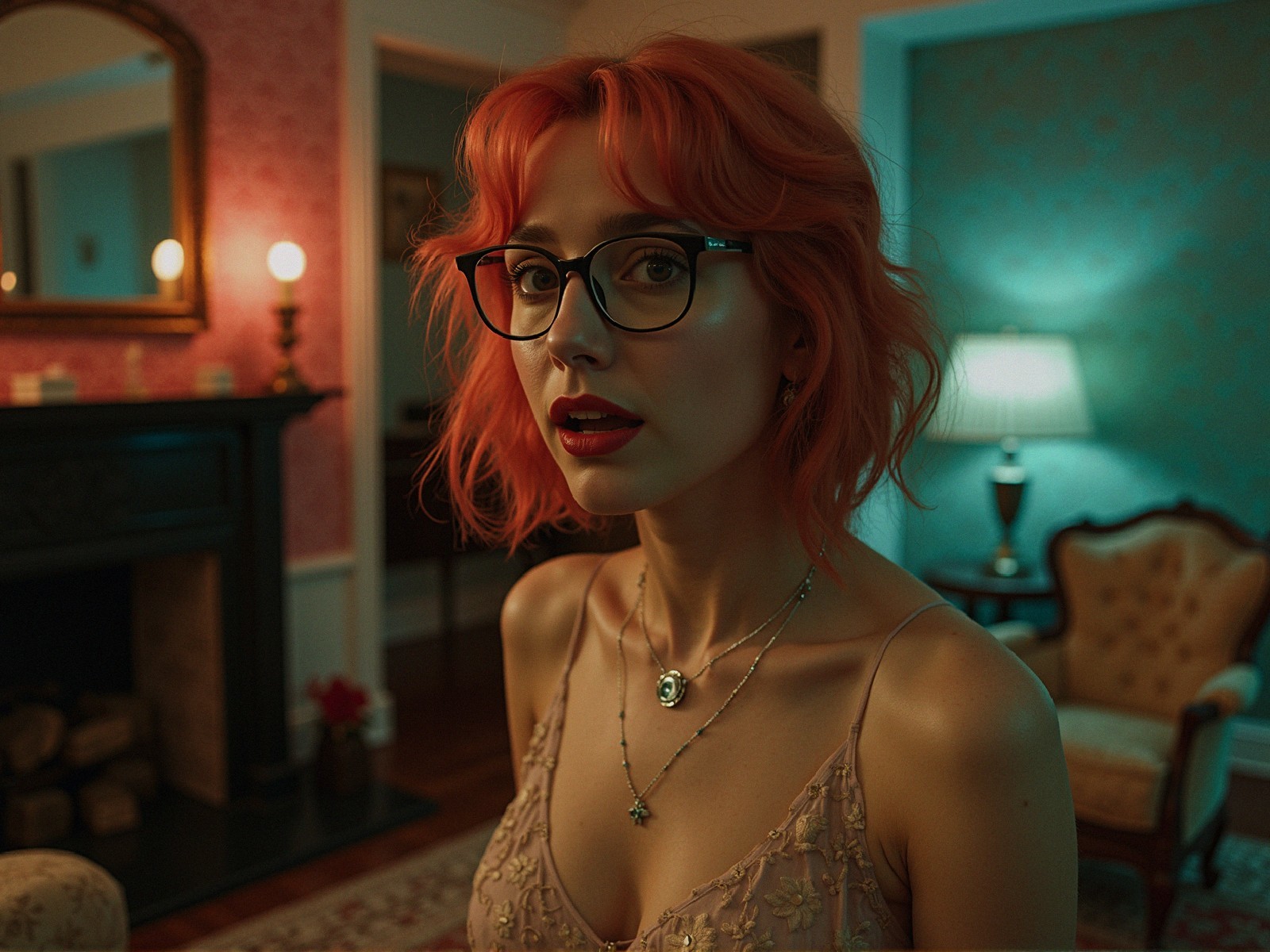 Young woman with orange hair in vintage decor setting
