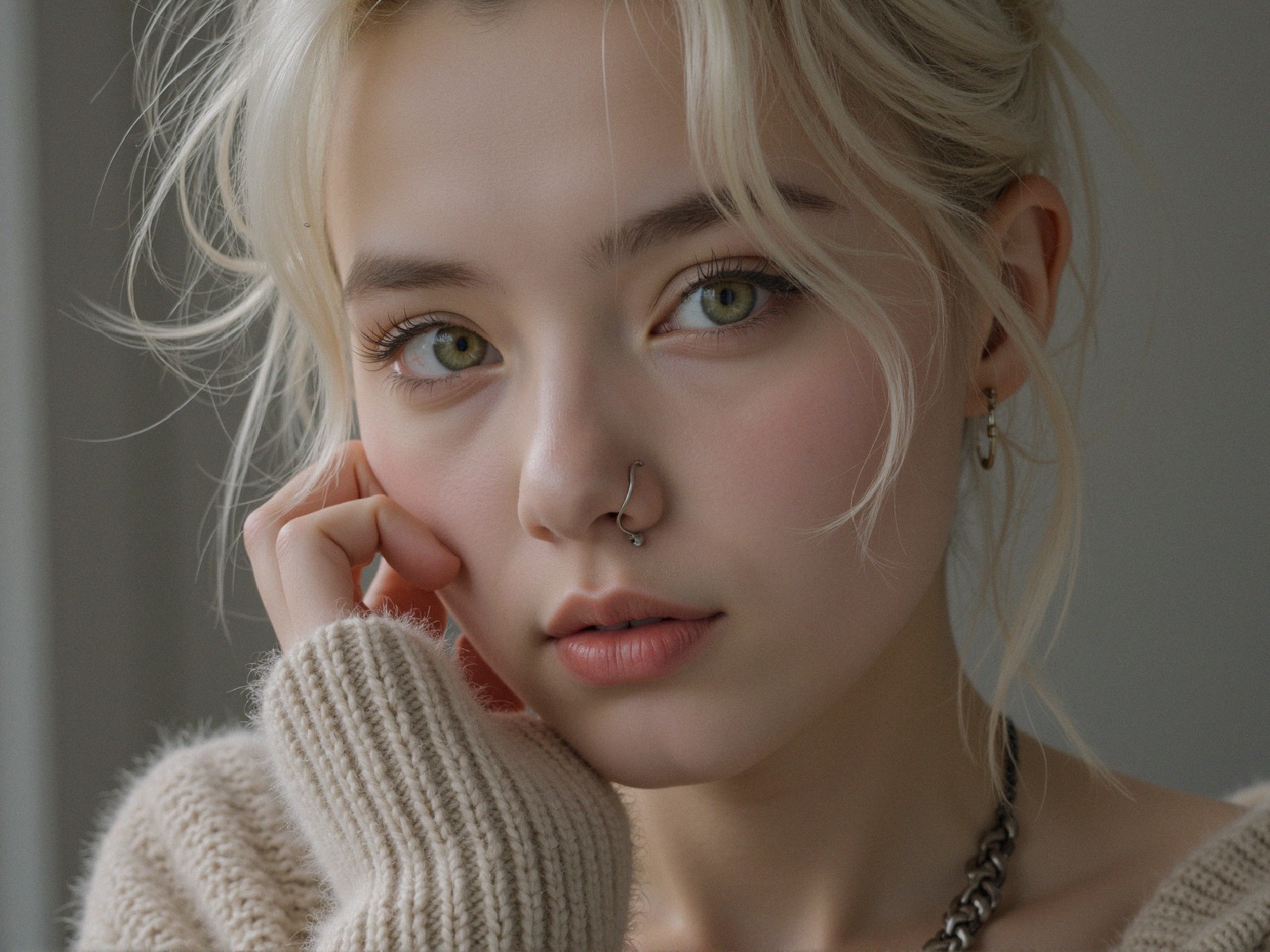 Young person with light blonde hair and green eyes