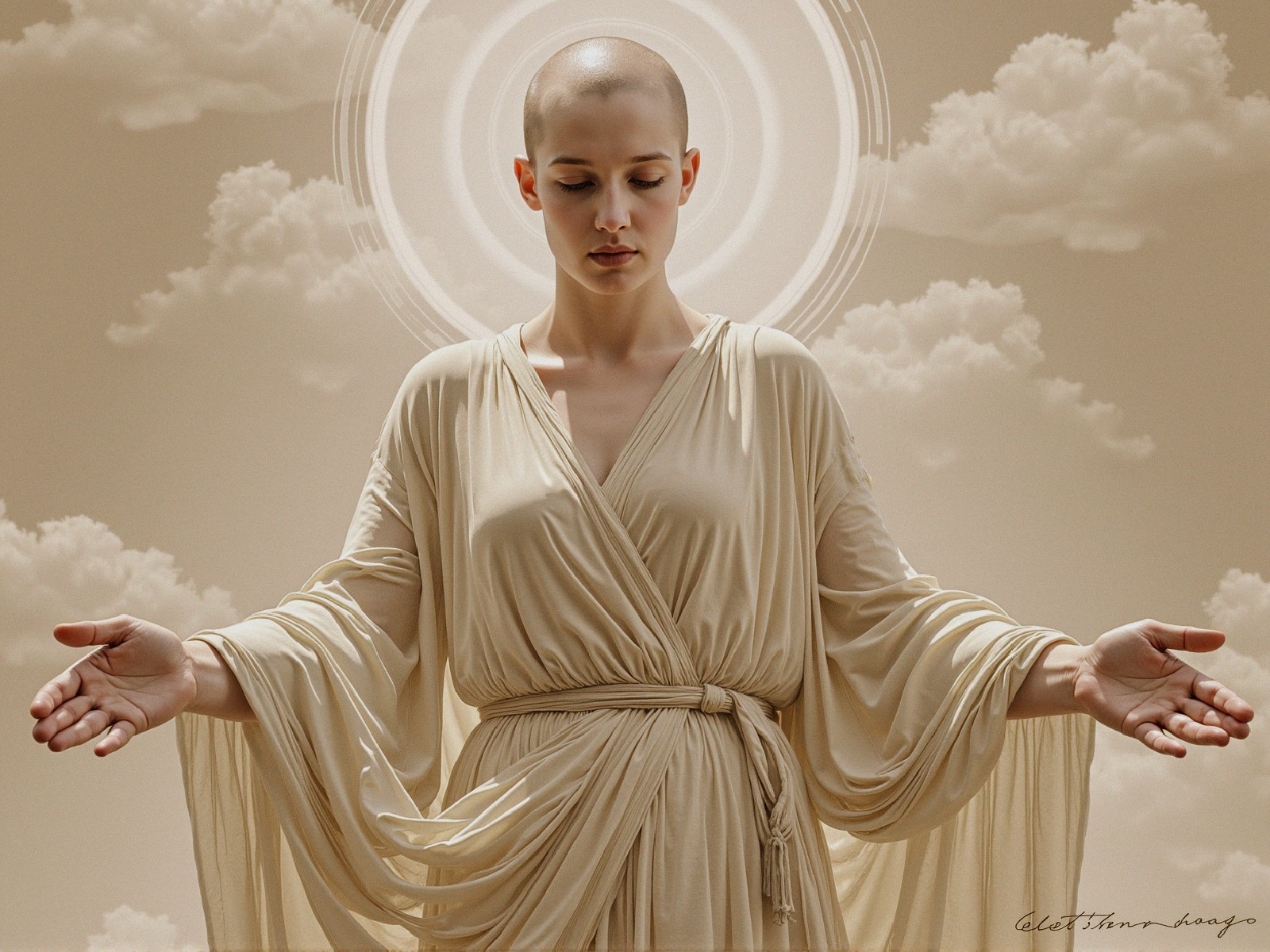 Serene figure in beige robe with radiant halo