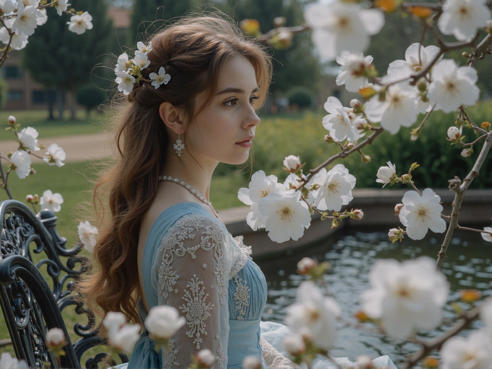 Young woman in vintage blue gown by tranquil pond