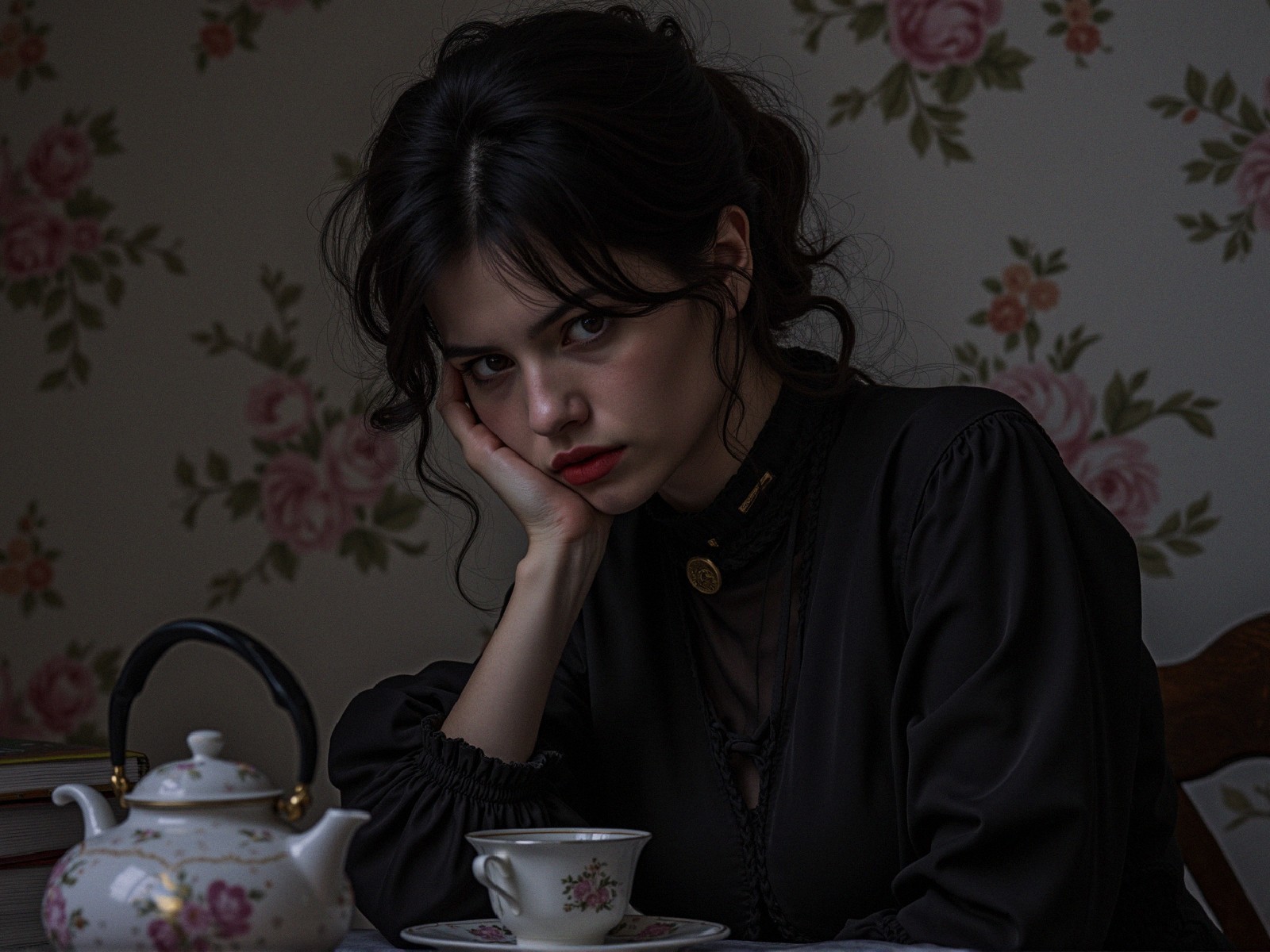 Young woman in black dress against floral wallpaper