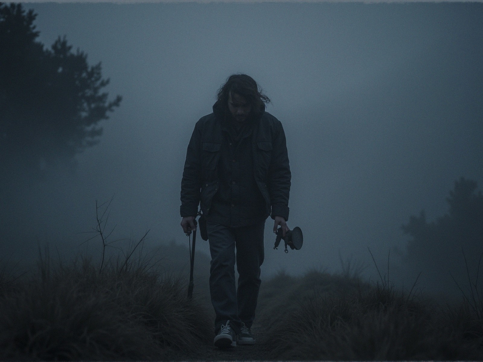 Solitary Figure on a Misty Path with Cane and Megaphone