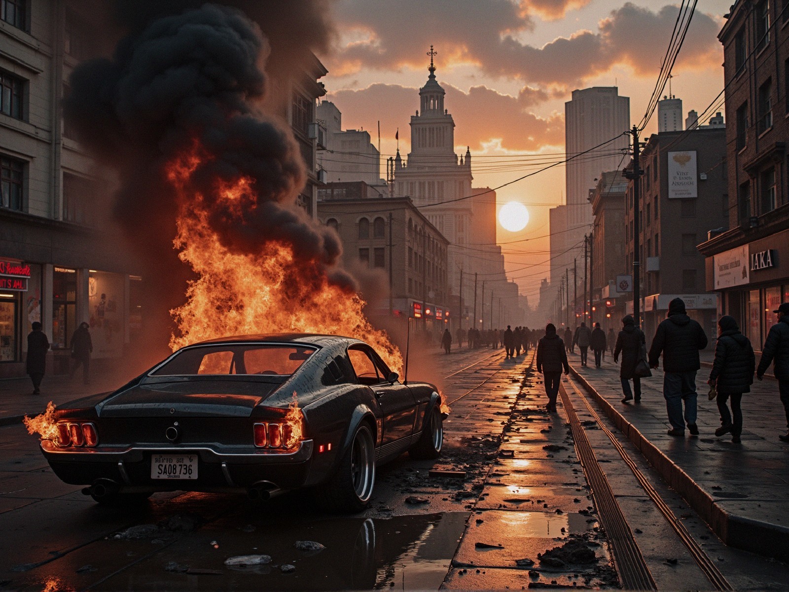 Vintage Car on Fire Against City Skyline at Sunset