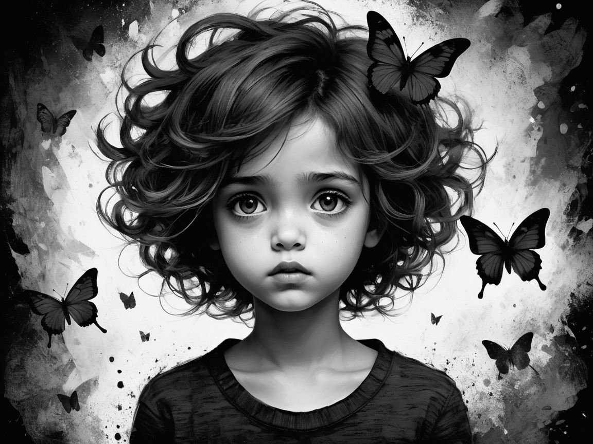 Young girl with large eyes and curly hair in black and white