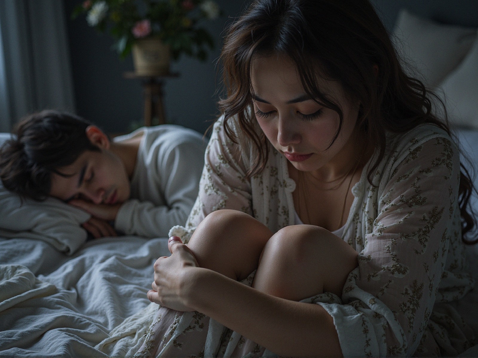 Introspective Woman and Peaceful Man in Bedroom Scene