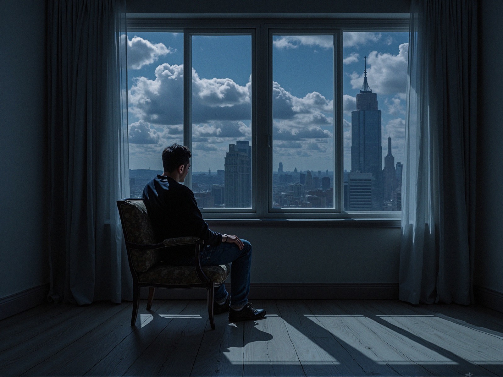 Solitary Figure in Vintage Chair Overlooking Cityscape