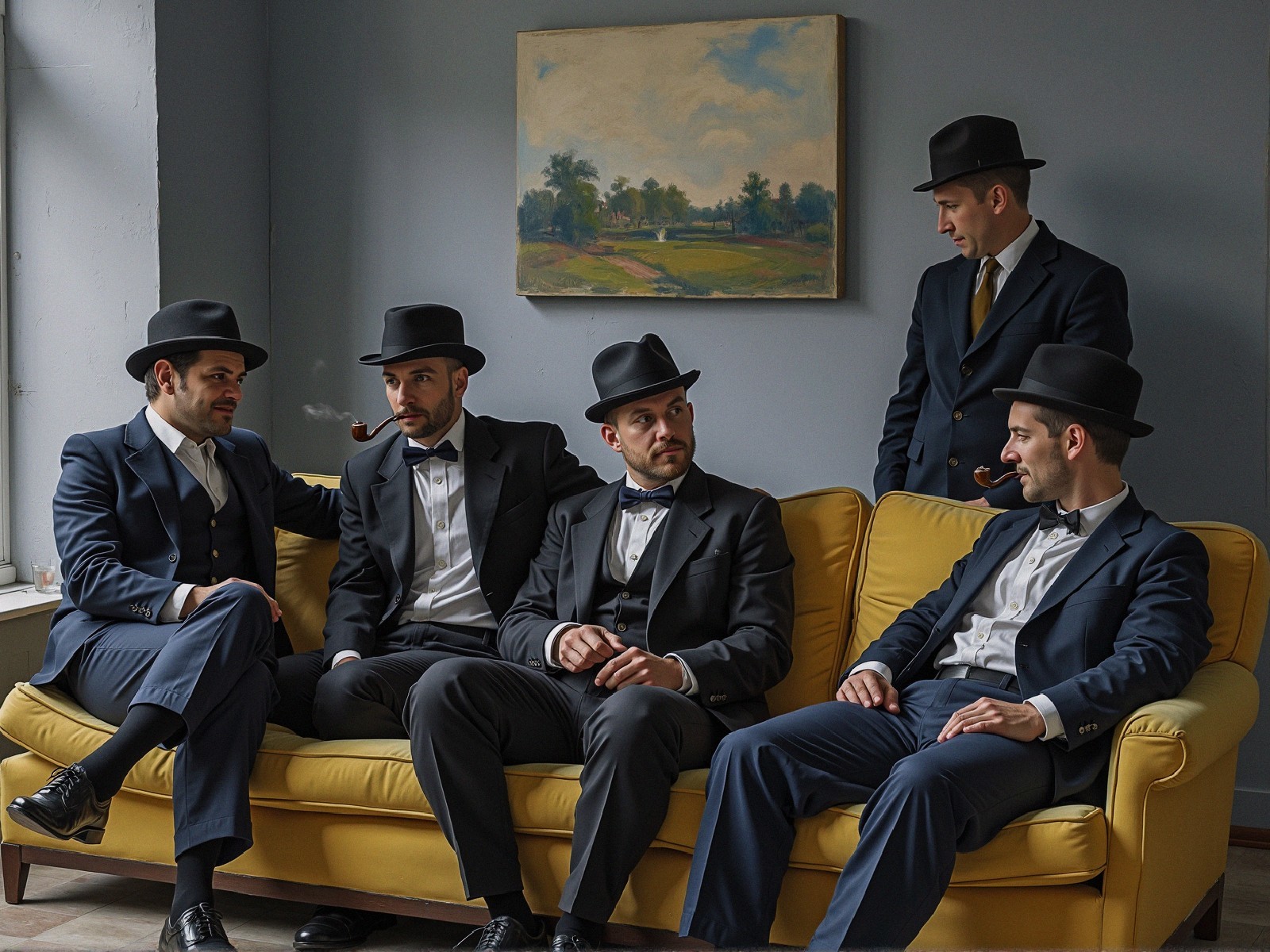 Five Men in Vintage Suits on Yellow Couch