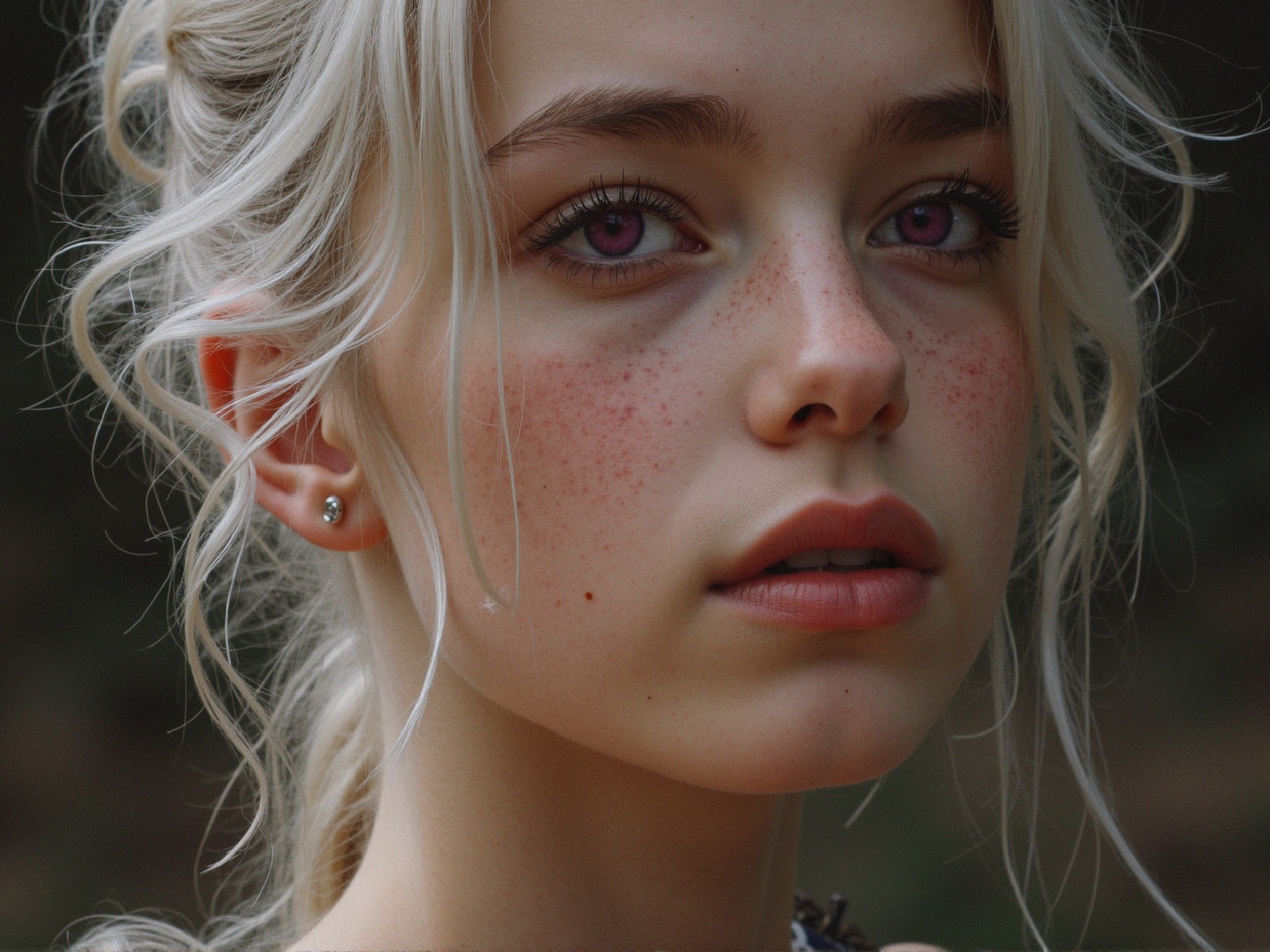 Close-Up Portrait of a Young Woman with Lavender Eyes