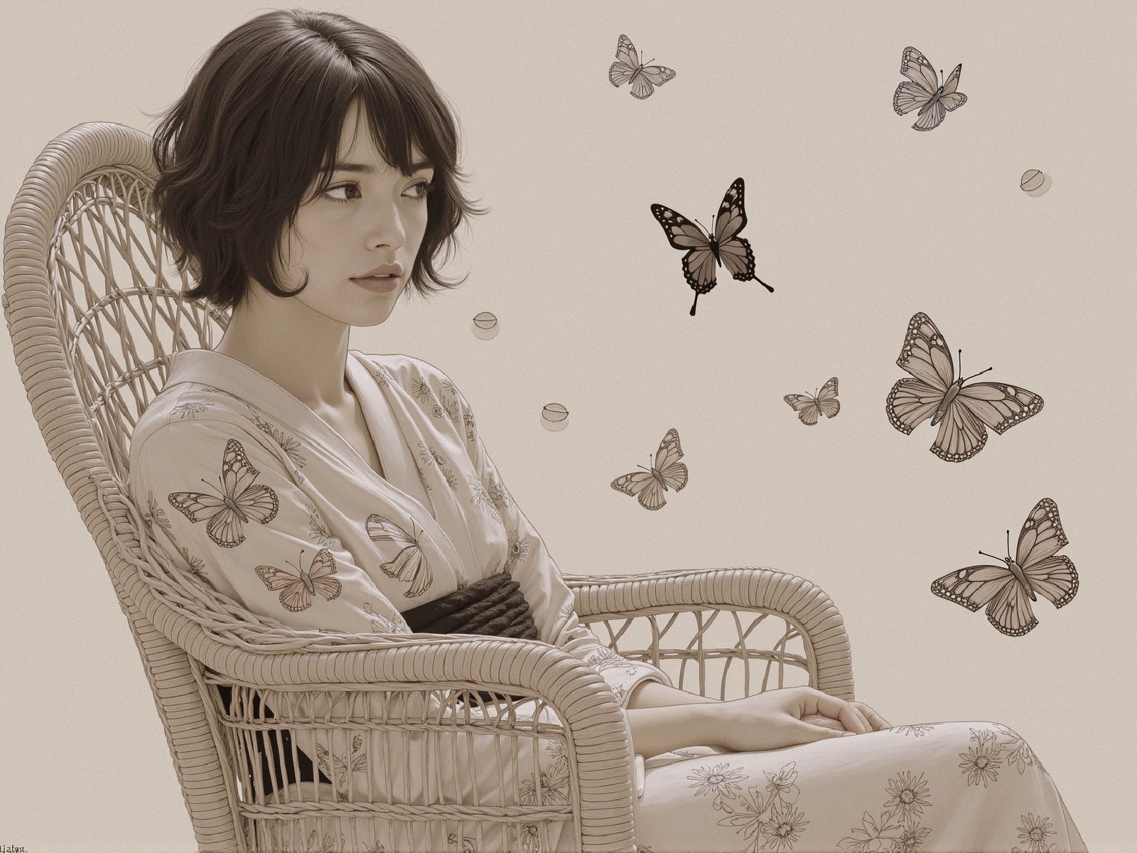 Serene Woman in Kimono Surrounded by Butterflies