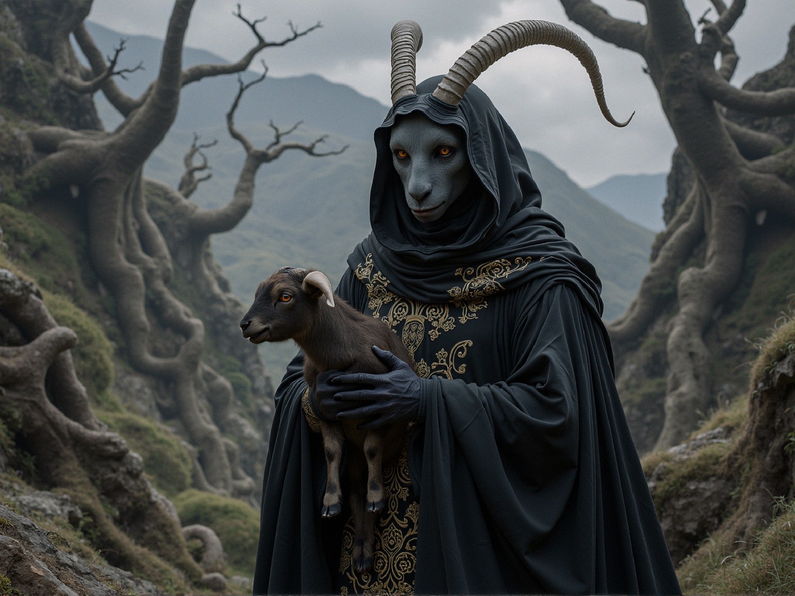 Mystical Landscape with Horned Figure and Goat