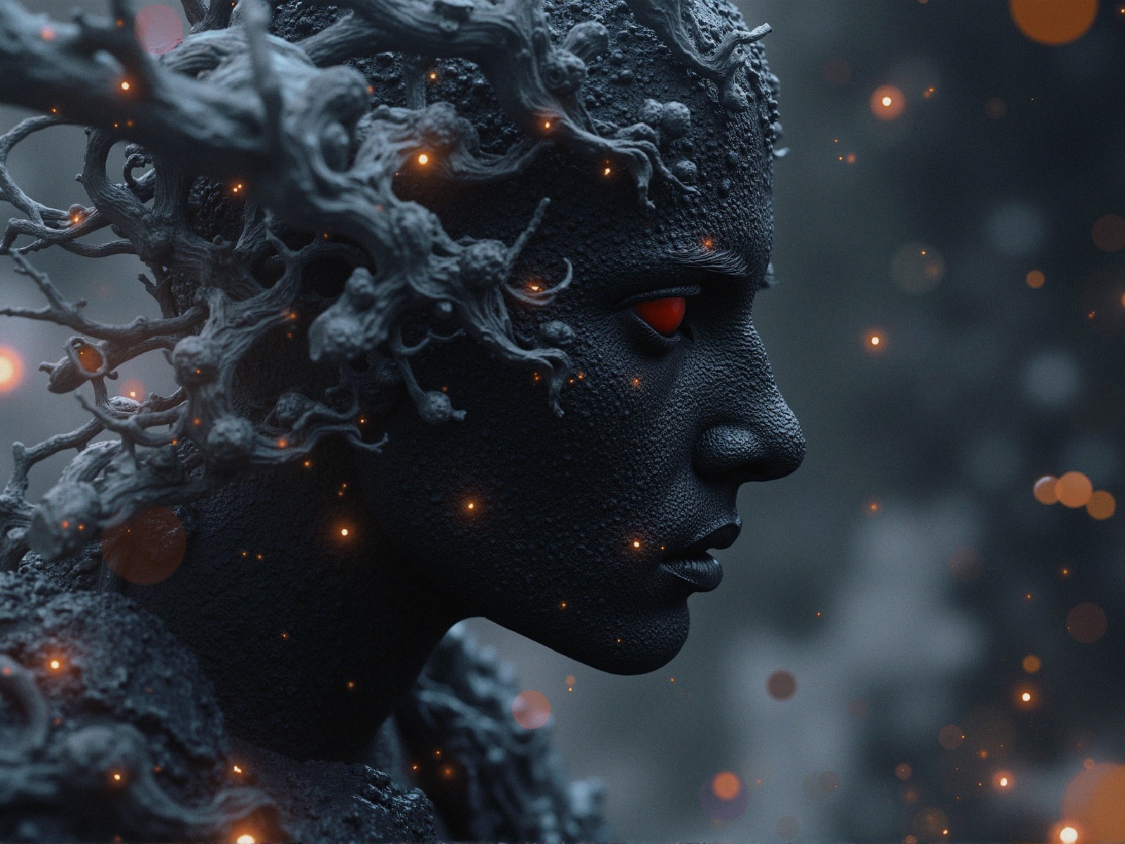 Sculpture of a figure with textured hair and red eyes