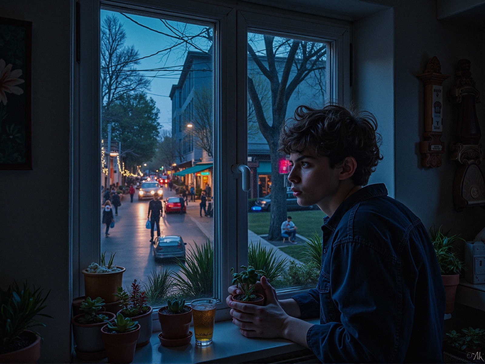 Thoughtful Young Person Gazing Out at Dusk Scene