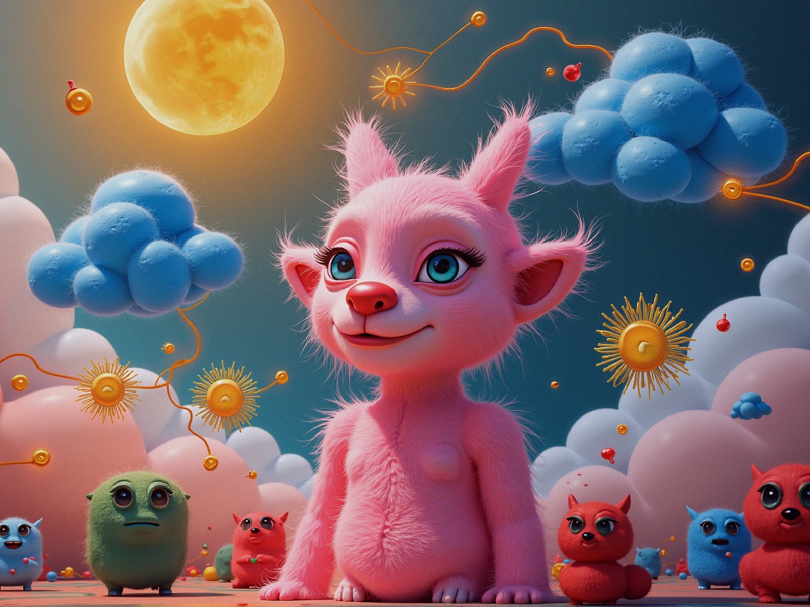 Whimsical Pink Creature in Vibrant Dreamlike Landscape