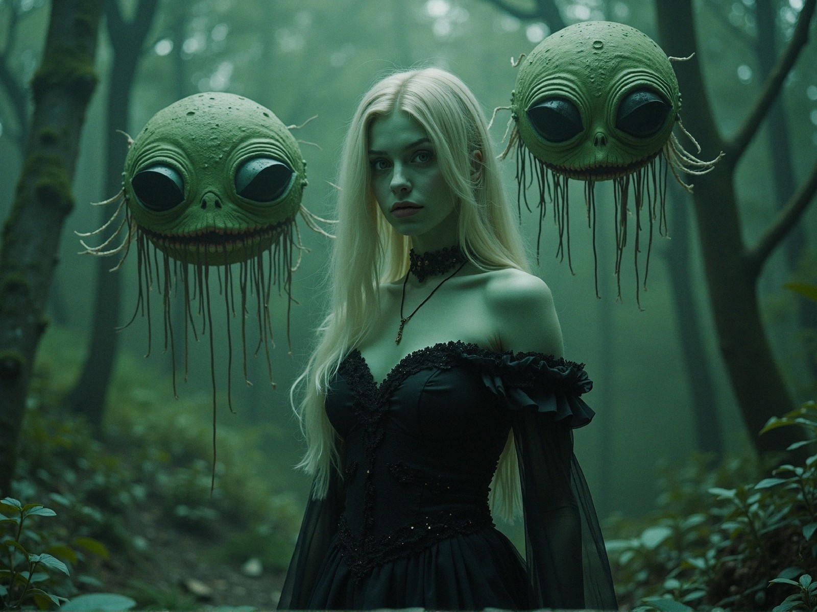 Misty Woodland Scene with Woman and Whimsical Creatures