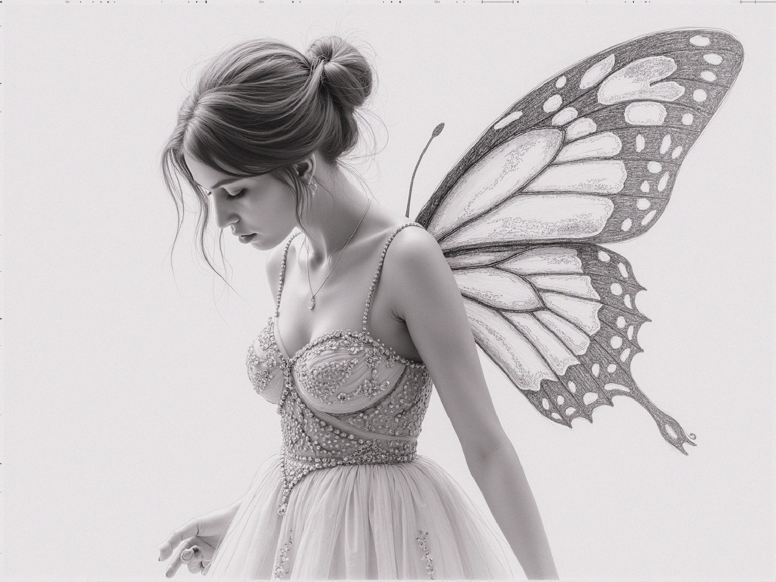 Elegant figure in beaded dress with butterfly wing