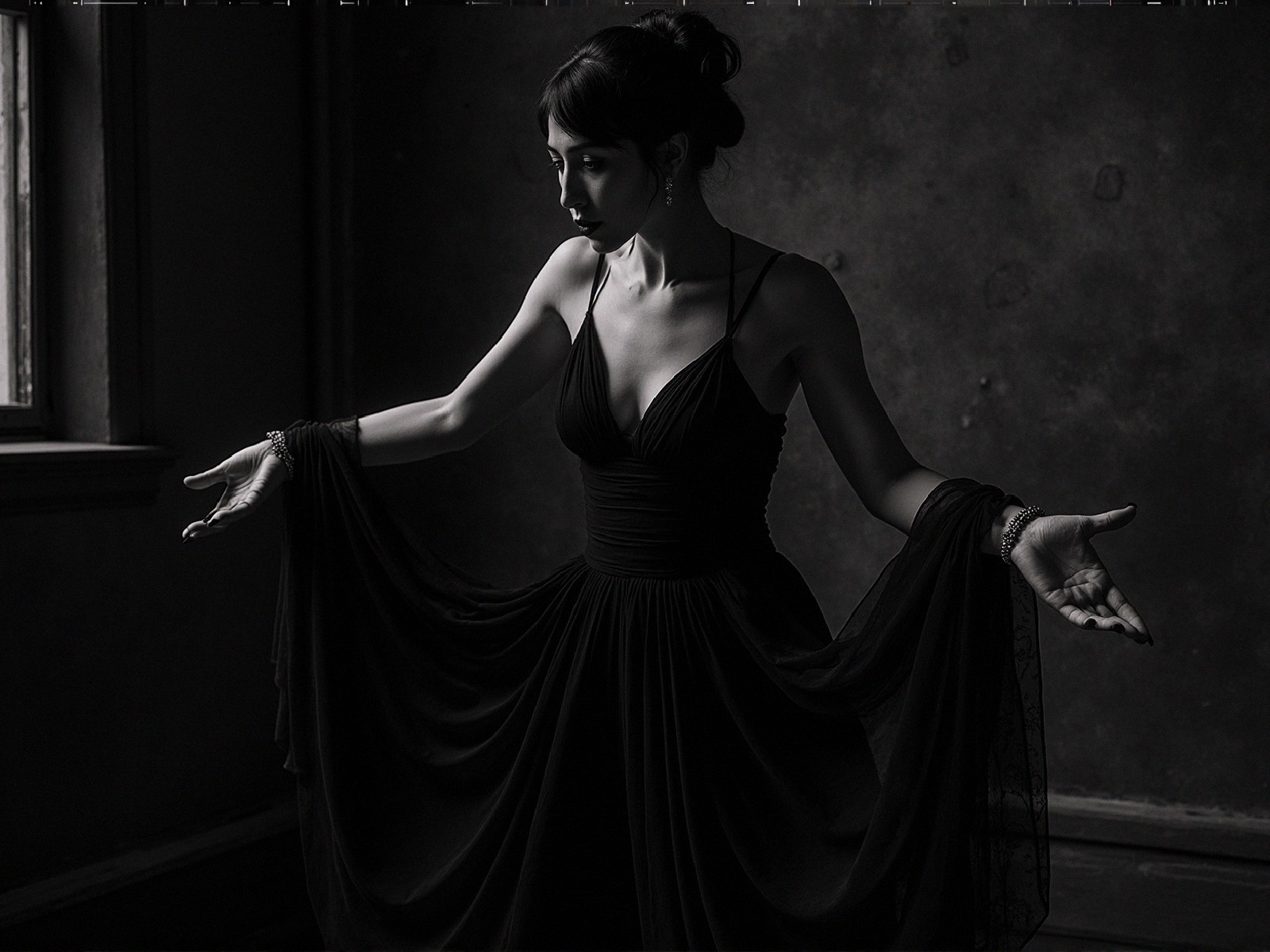 Woman in Black Gown in Dimly Lit Room