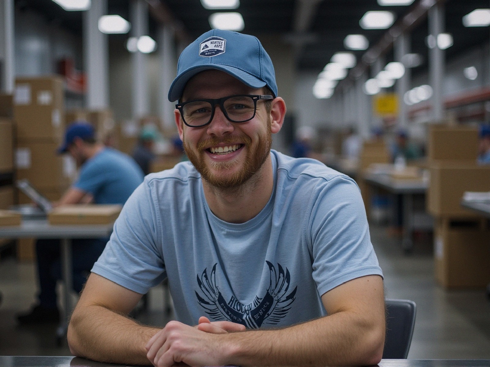 Young man in industrial workspace with cardboard boxes