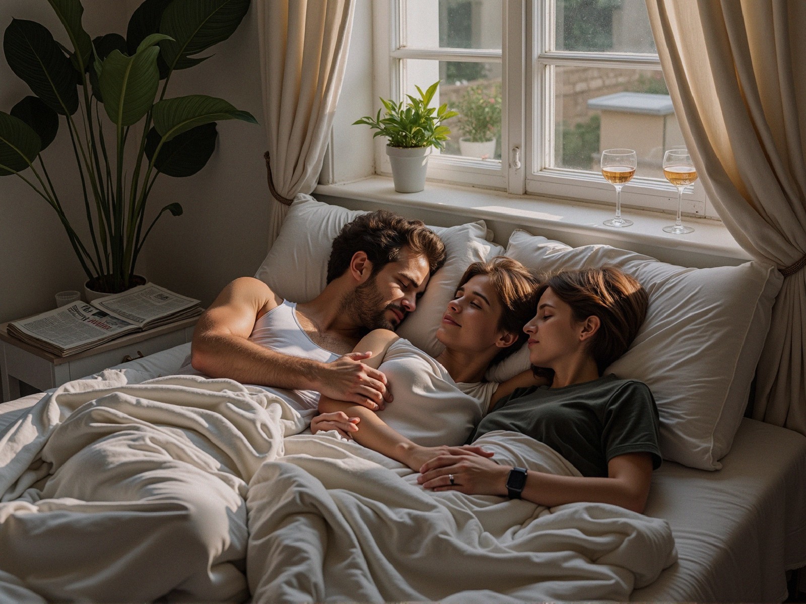 Cozy Bedroom Scene with Cuddling Friends and Plants