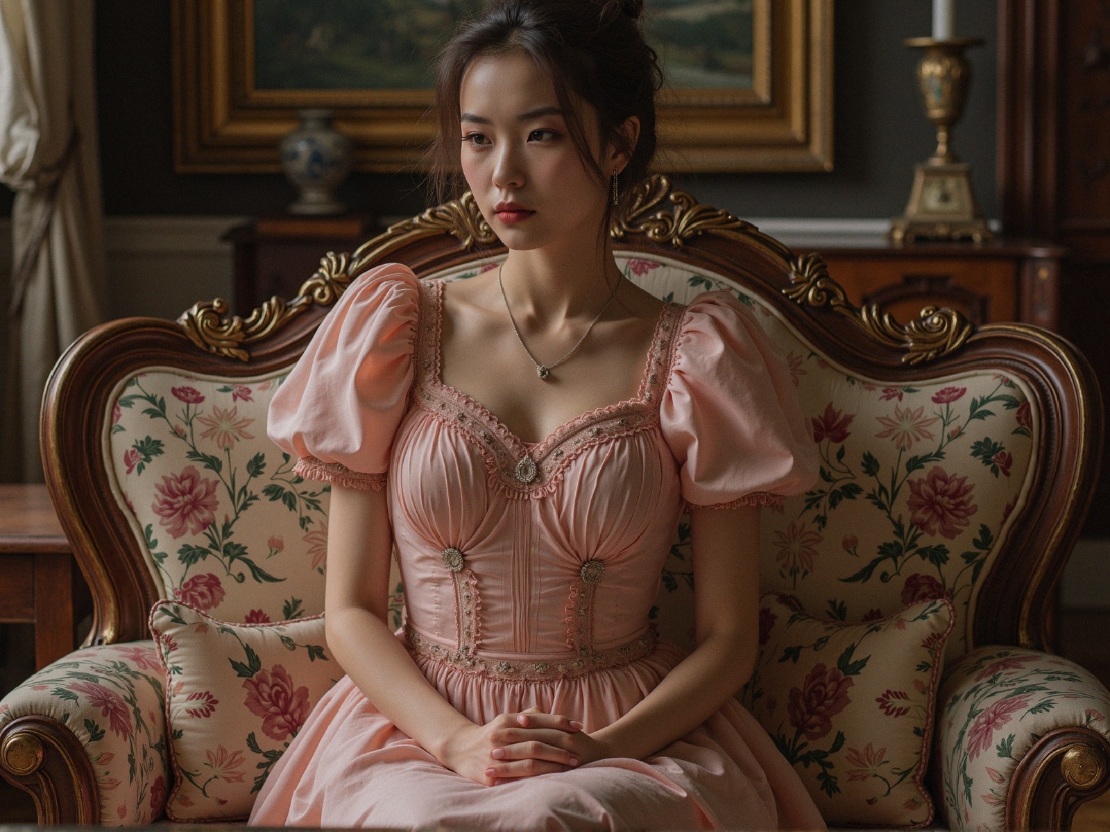 Young Woman in Elegant Pink Gown on Floral Sofa