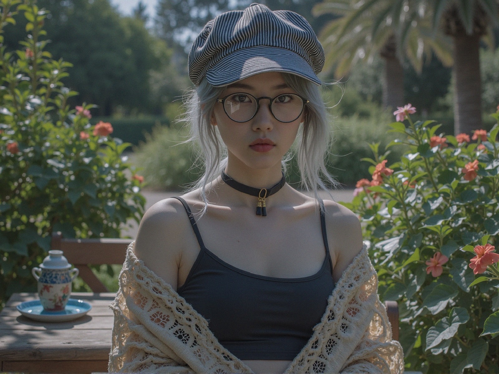 Young woman with silver hair in a flower garden