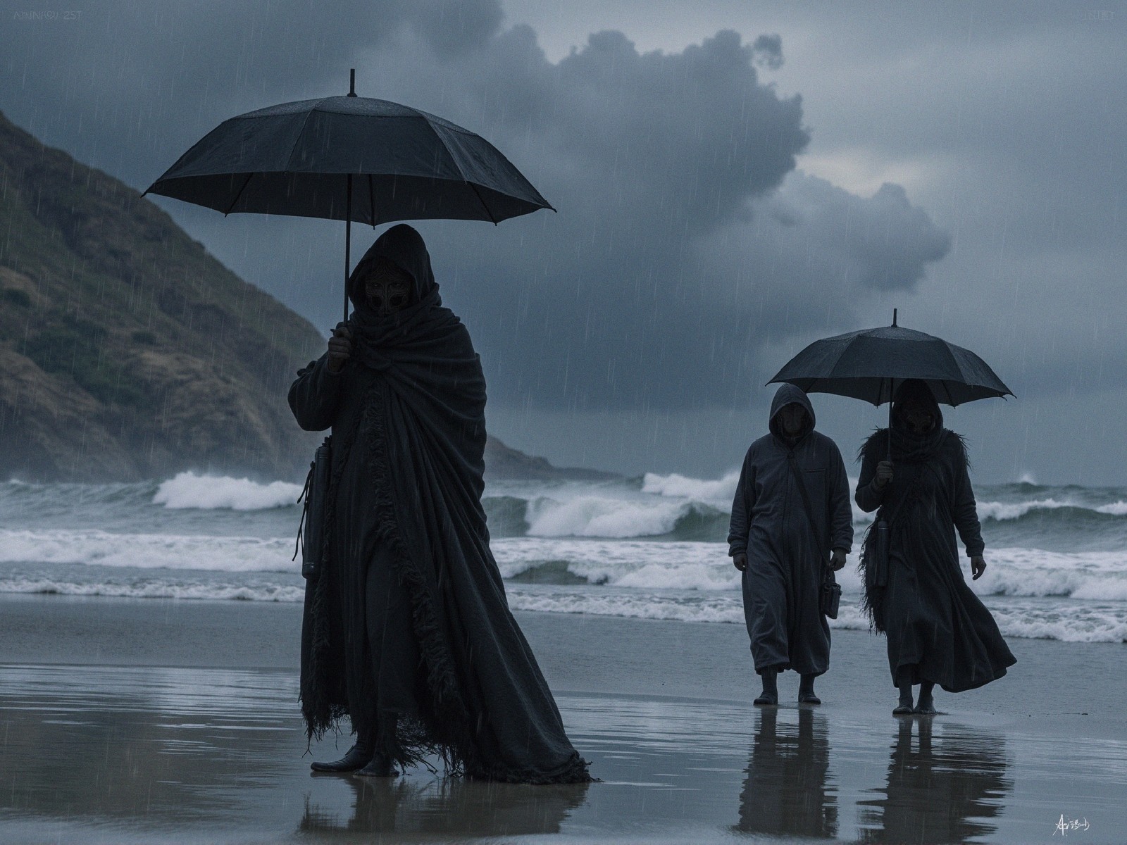 Figures in Cloaks Walking on Rainy Beach