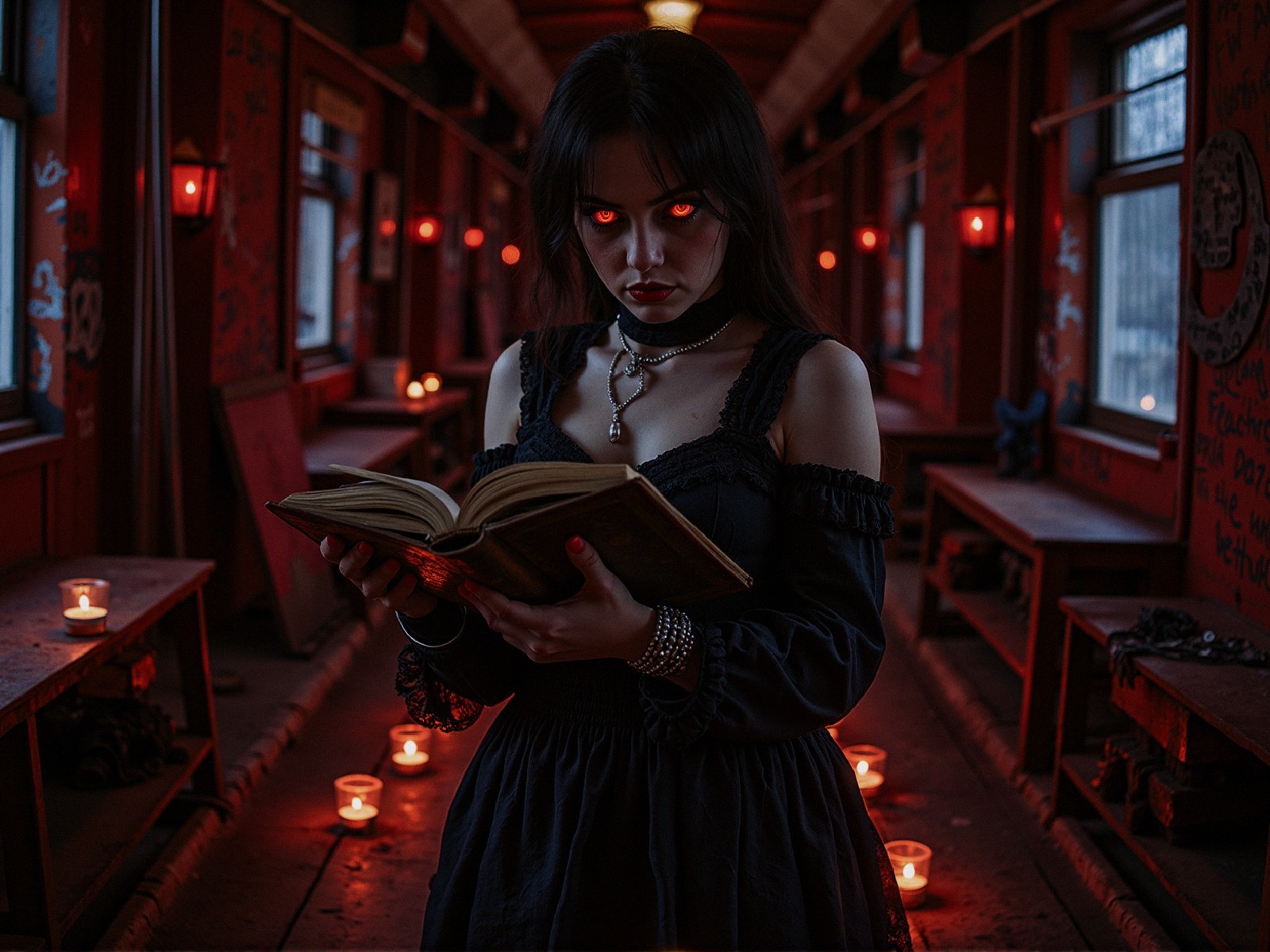 Mysterious Figure in Dimly Lit Hallway with Candles