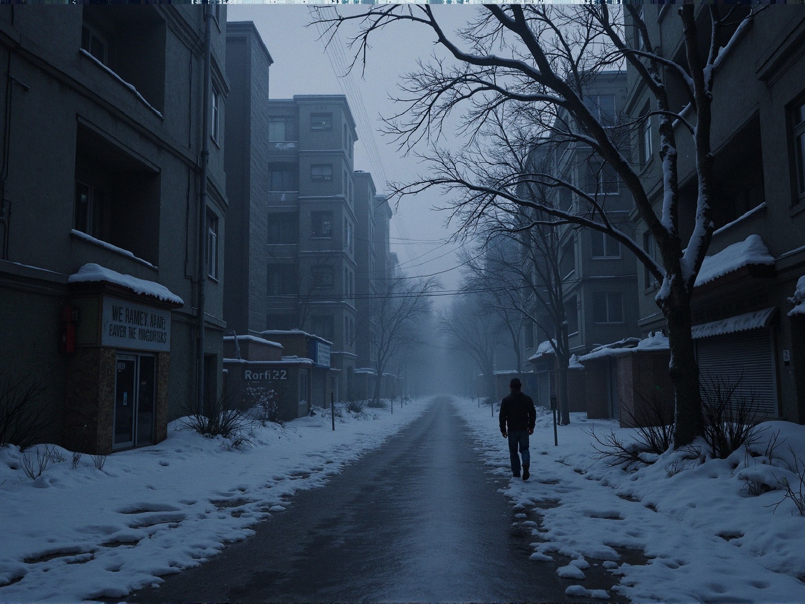 Solitary Figure on a Snowy, Foggy Street Scene