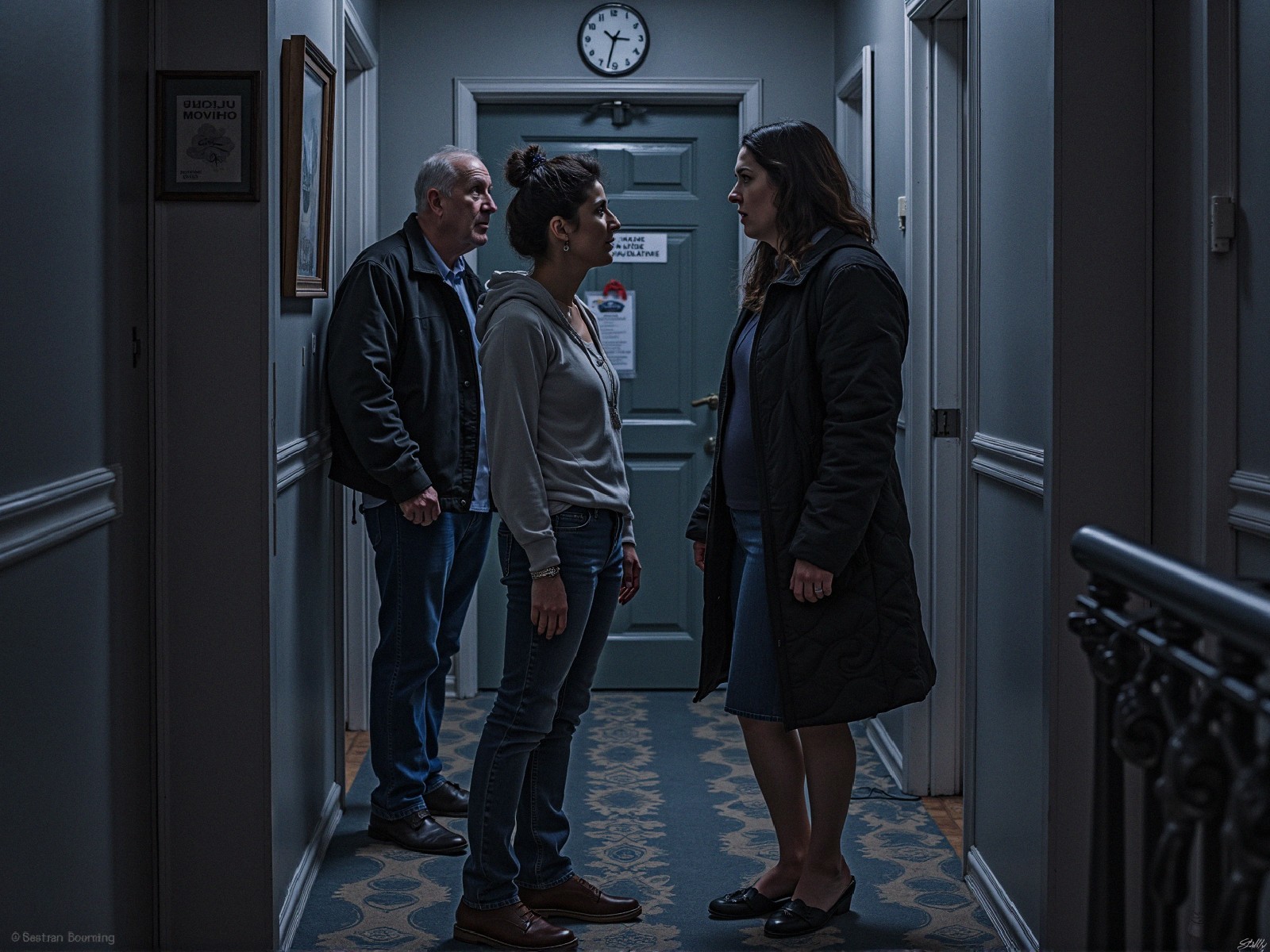 Tense Confrontation in Dimly Lit Hotel Corridor