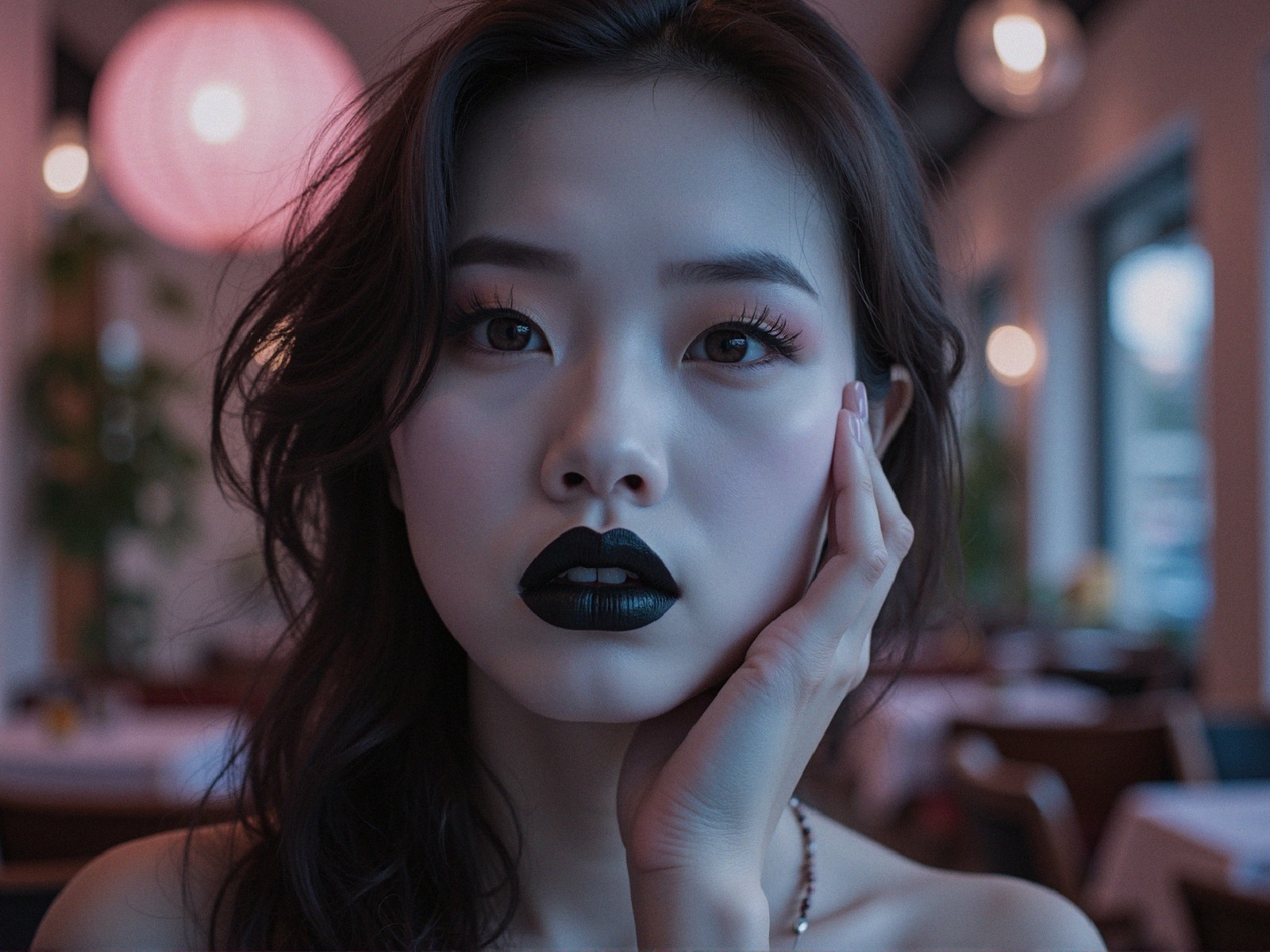 Woman with bold makeup in moody lighting setting
