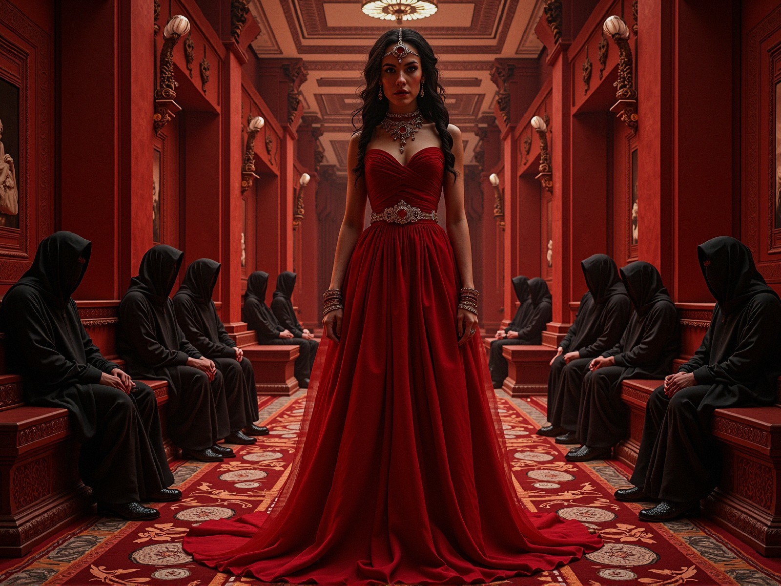 Elegant Woman in Red Gown in Opulent Hall