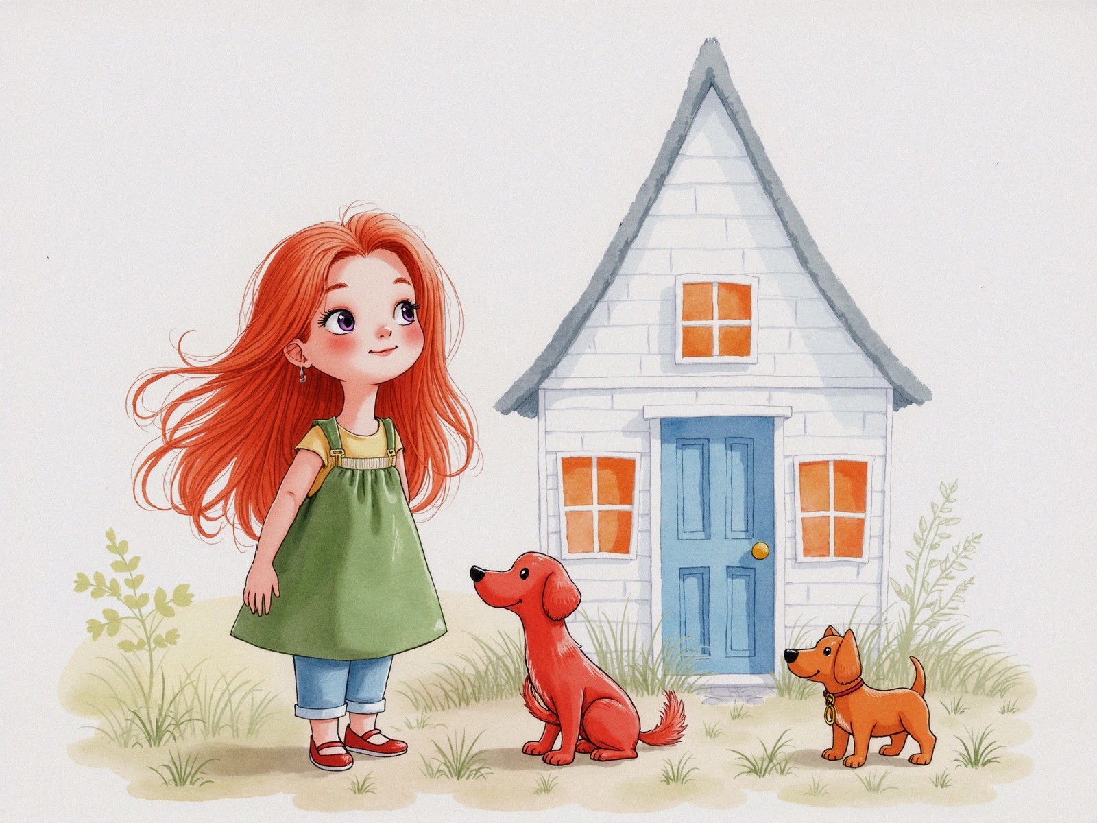 Young girl with red hair and dogs by white house