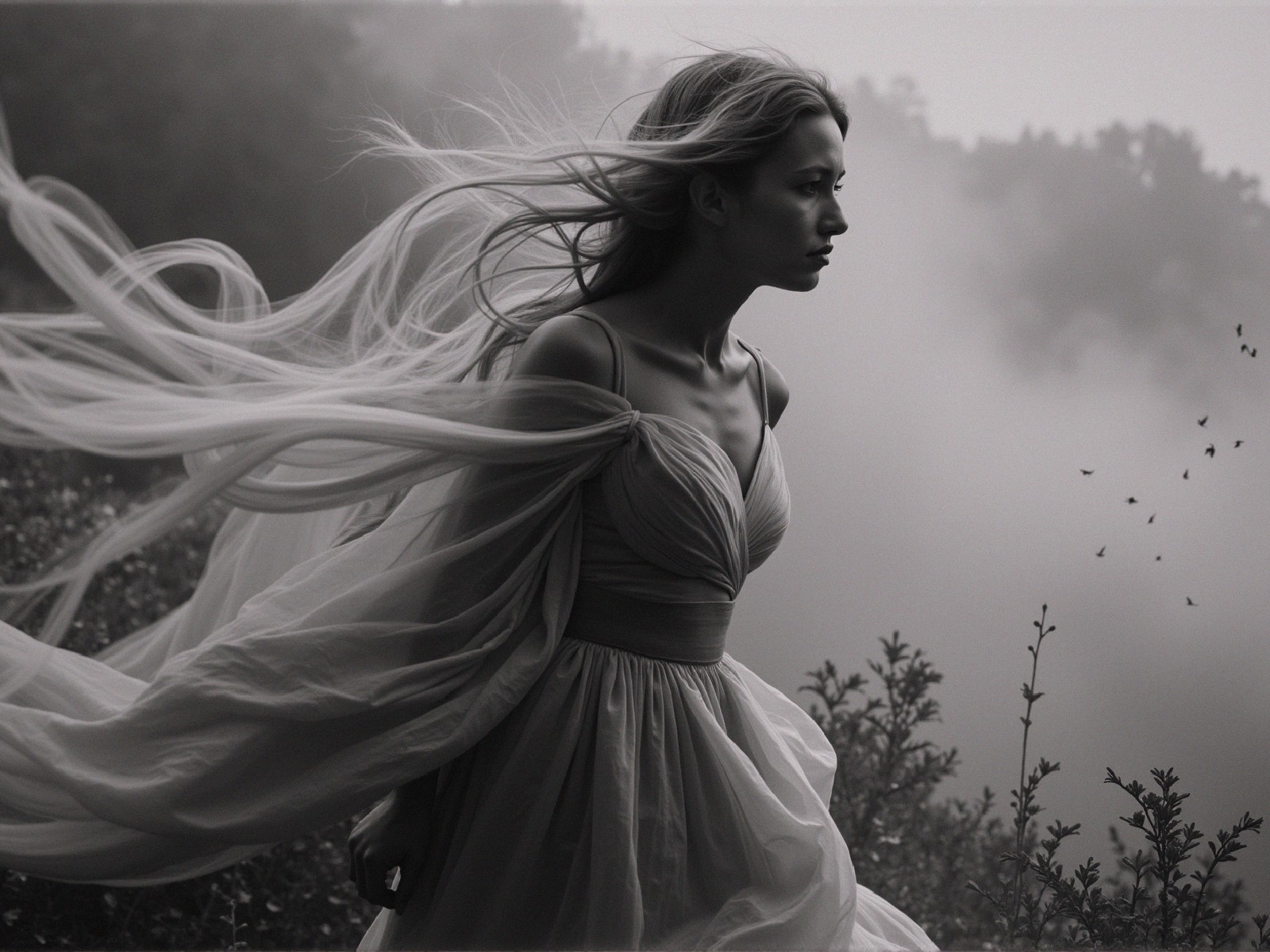 Woman in flowing gown in a foggy landscape scene