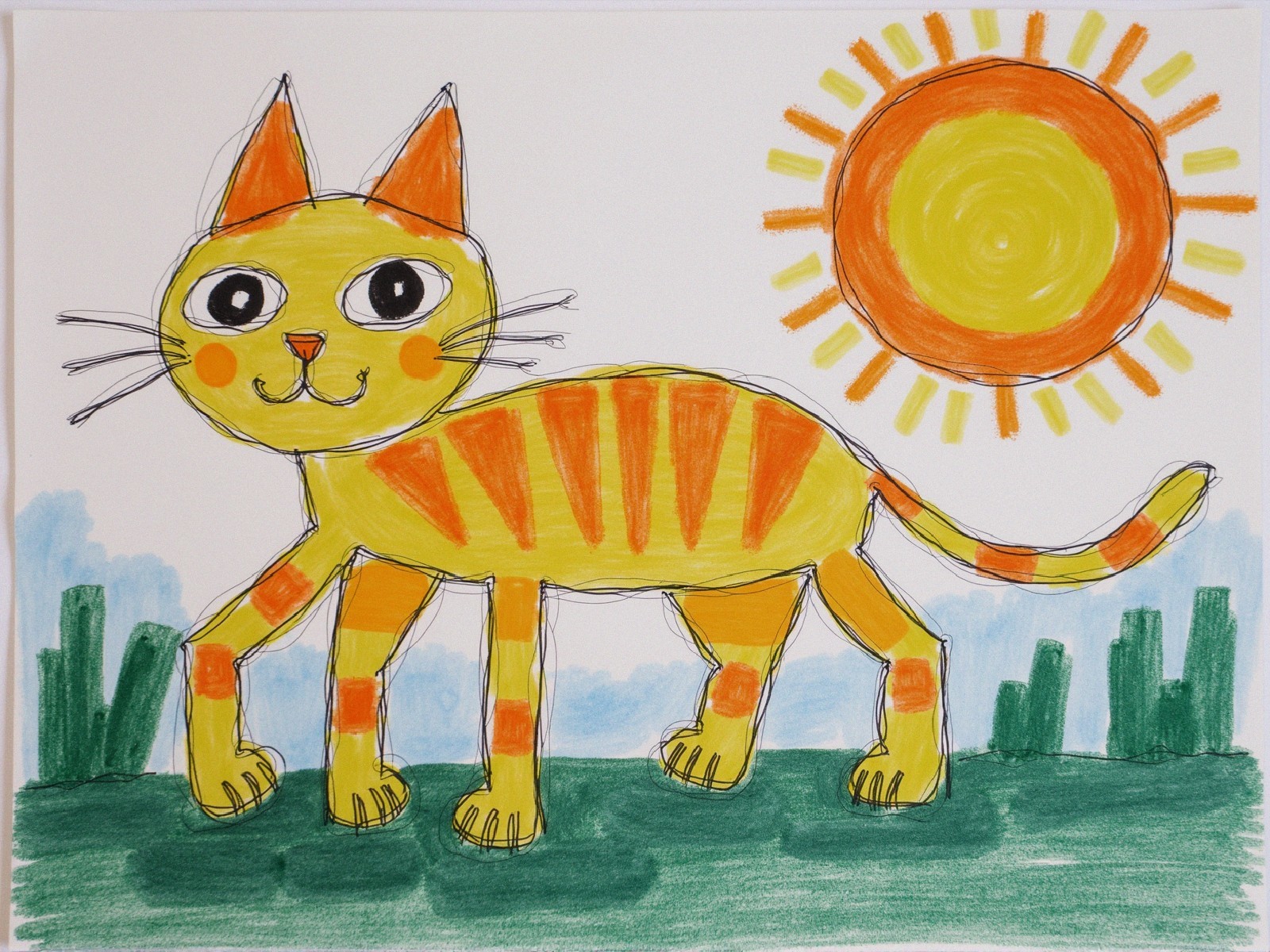 Colorful Cartoon Drawing of a Yellow Cat in Nature