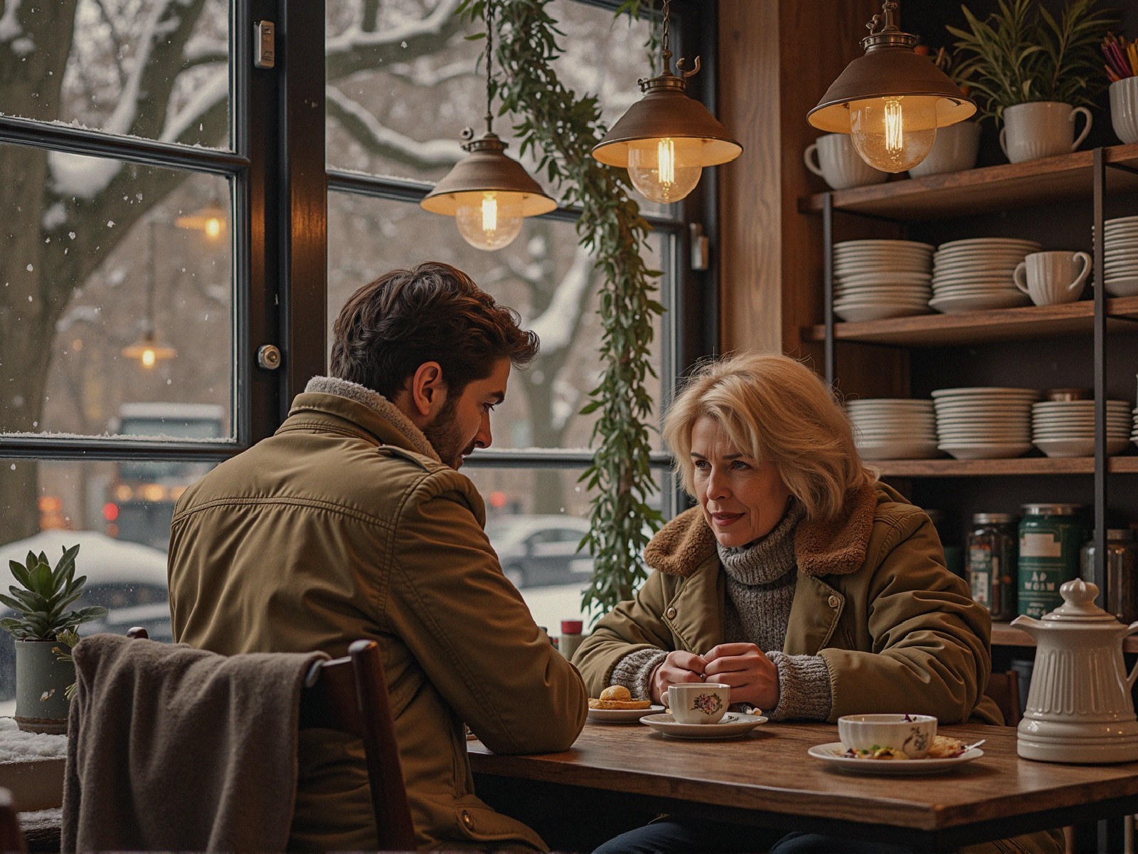 Cozy Winter Café Scene with Heartfelt Conversation