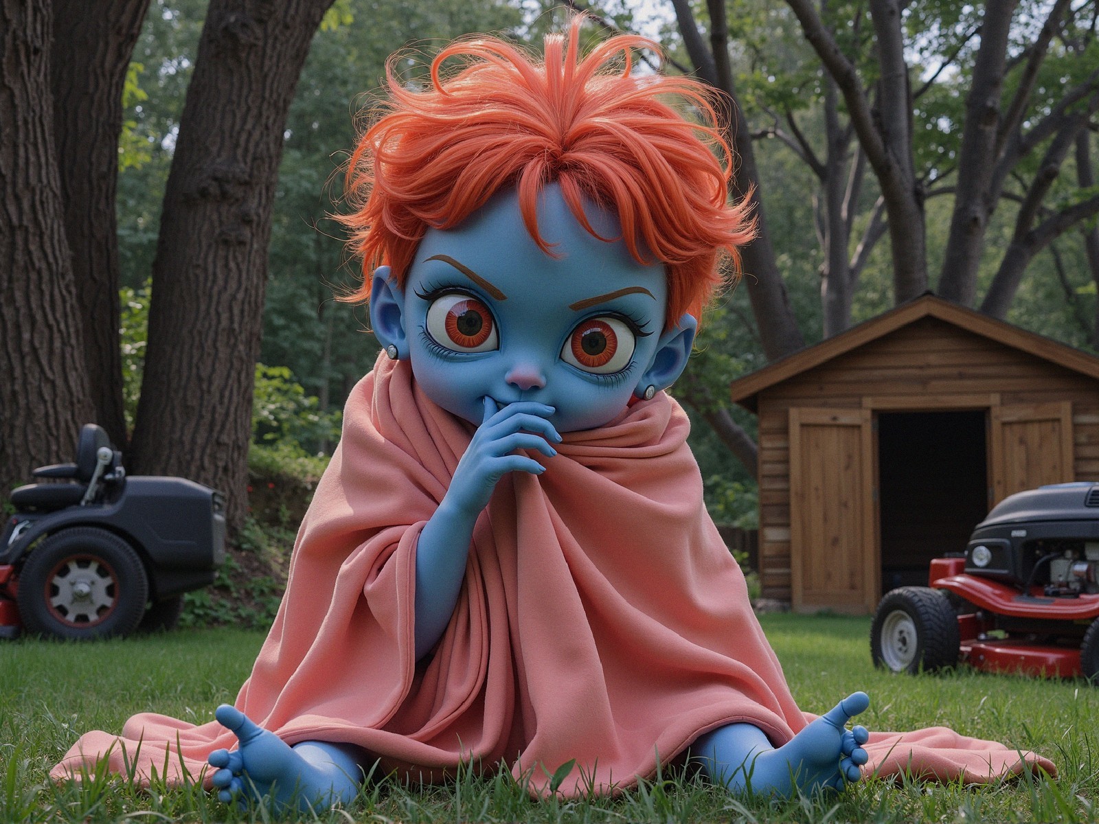 Animated Character with Orange Hair on Grassy Lawn