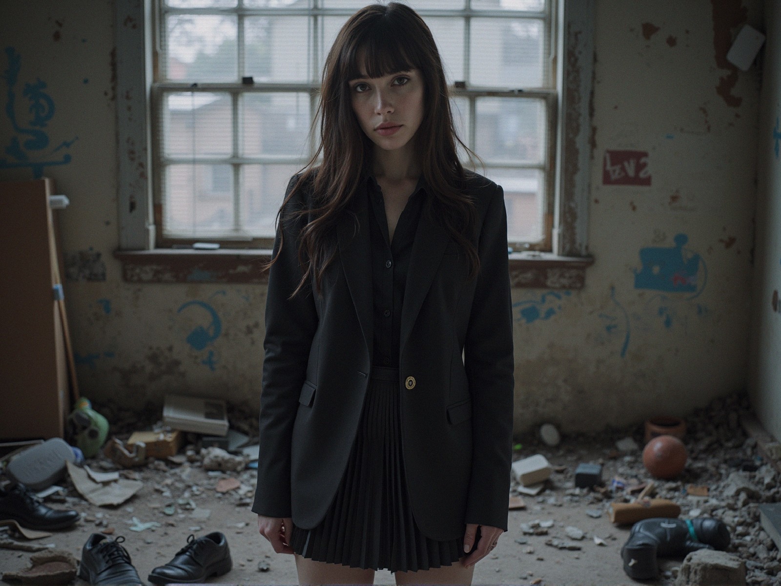 Young Woman in Blazer in Abandoned Room Setting