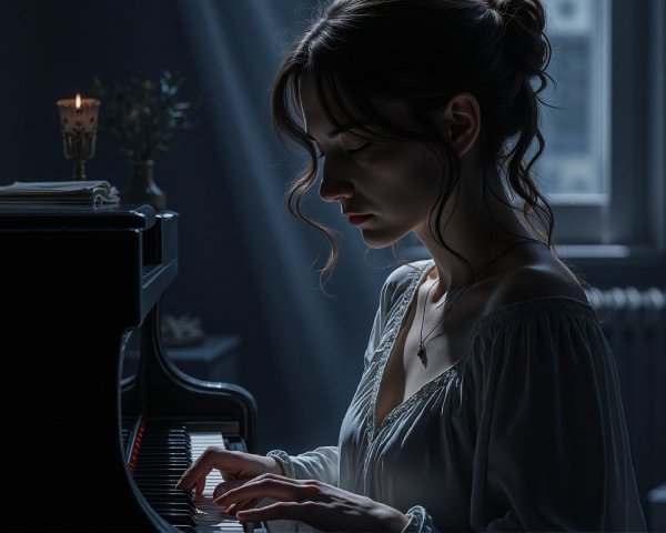 Young woman playing piano in softly lit room