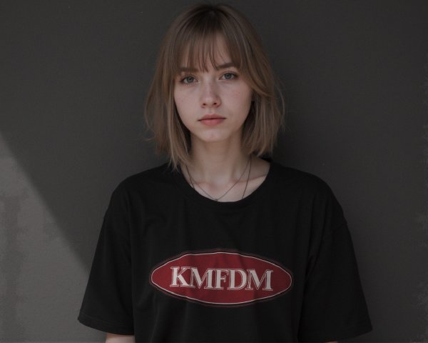 Young woman in oversized shirt against gray background