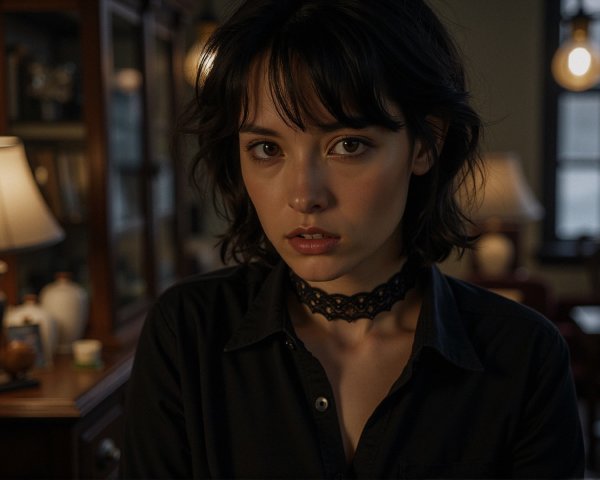 Young woman in softly lit vintage room with dark hair