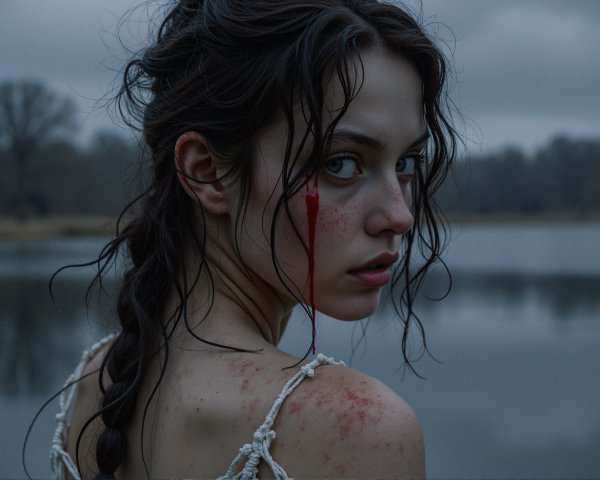 Young Woman by Reflective Water with Haunting Expression