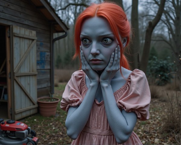 Young girl with orange hair in surreal forest setting