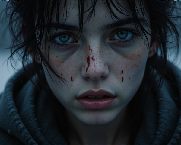 Close-Up Portrait of a Girl with Blue Eyes and Freckles