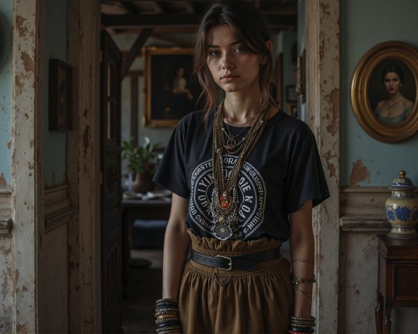 Young Woman in Vintage Room with Rustic Decor