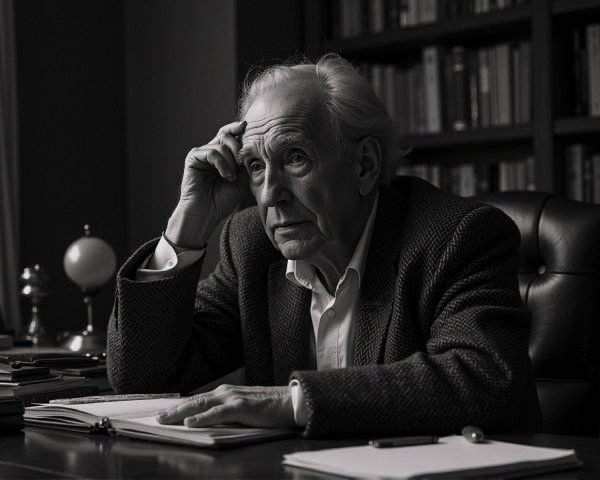 Elderly Man in Contemplation at Wooden Desk
