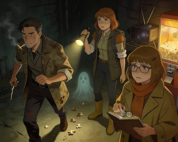 Cartoon of Mystery-Solving Friends in Creepy Room