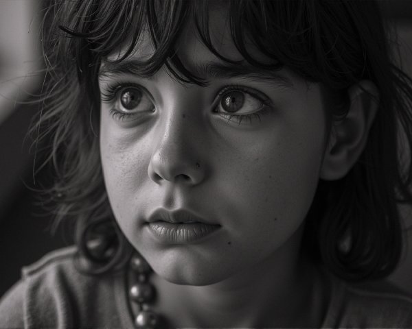 Close-up of a child's face in black and white