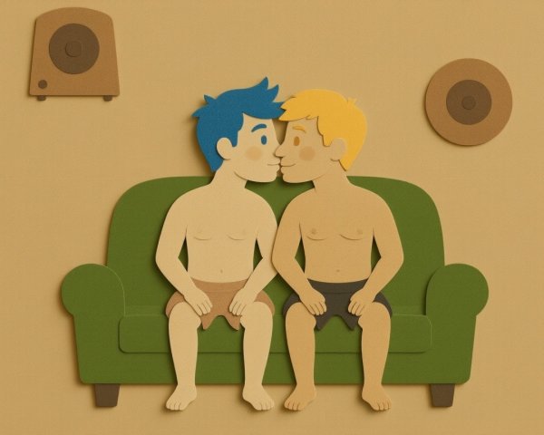 Playful Cartoon Characters Sharing a Sweet Kiss on Sofa
